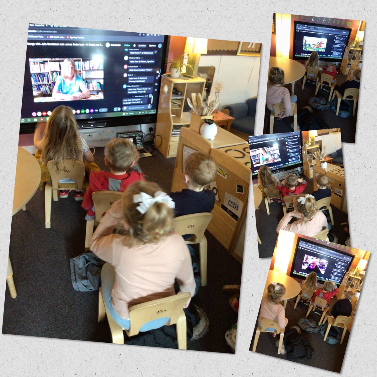 murrayfieldlc's tweet photo. ELC #BookWeekScotland we loved listen to author  Julia Donaldson &amp; translator James Robertson reading well loved stories The Baddies &amp; Stick Mannie in Scots❤️ we  even made a fireplace afterwards for Santa in our ELC &amp; our well loved ‘fire’ #lovebooks #storytelling https://t.co/5qgv0RiuFR