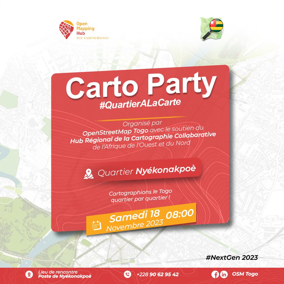 🗺️🎉 Joignez-vous à nous pour célébrer #OSMGeoWeek et contribuer à #OpenStreetMap avec les #OSMNextGen2023 📍Rassemblement: Poste de Nyekonakpoe à 08h00 GMT ✍️Inscription : forms.gle/GWDMpjEuMcro6v… Ensemble,Cartographions le #Togo quartier par quartier! 🌍💻 #GISDay2023 #Gisday