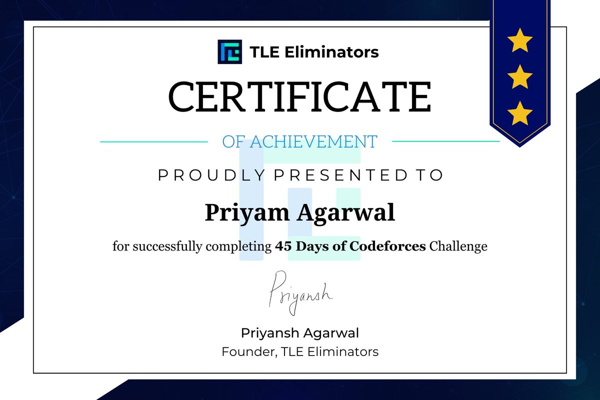 PriyamA_18's tweet photo. Completed the #45DaysCF Challenge.๐ฅณ๐ฅณ
It took 10 Contests to finish the challenge and I don't remember the last time I gave 10 consecutive contests on CF or any other platform.
Thanks to @TLE_Eliminators and @Priyansh_31Dec for providing such platform. https://t.co/LaudmXjFDU