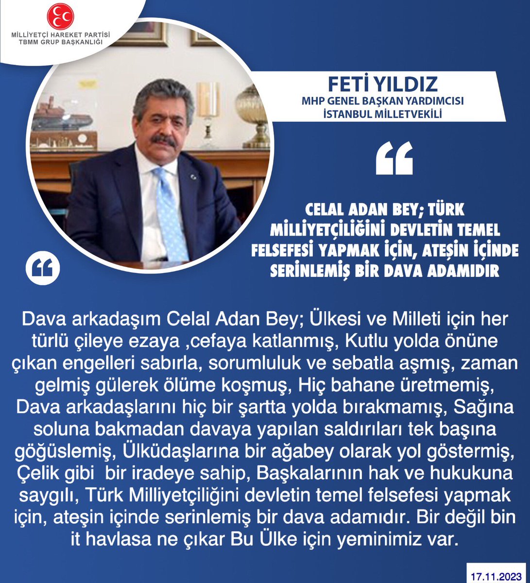 MhpTbmmGrubu's tweet photo. MHP Genel Başkan Yardımcısı ve İstanbul Milletvekilimiz Feti Yıldız @YildizFeti: Türk Milliyetçiliğini devletin temel felsefesi yapmak için, ateşin içinde serinlemiş bir dava adamıdır https://t.co/bapFY84JFR