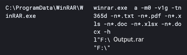 An unsuccessful data exfiltration case seen at @HuntressLabs using WinRar 🧵 After the threat actor had access to the host via RDP, WinRar was used to look for specific file extensions within the F:\ drive from the last 365 days and saved the data in parts to 'F:\output.rar'.