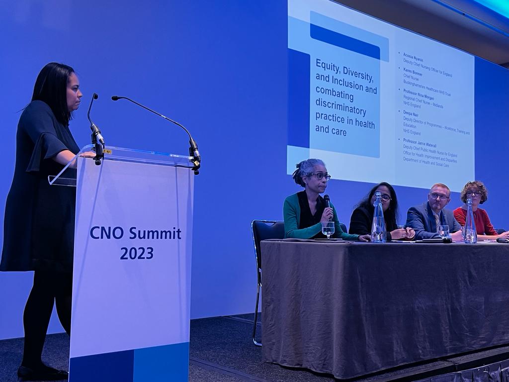 Deputy chief nursing officer @AcosiaNyanin gave her call to action to healthcare leaders #CNOSummit2023 – it is everyone’s responsibility to support patients and colleagues by promoting equity, equality, diversity and tackling discrimination.