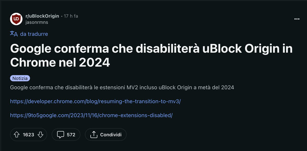 sonoclaudio's tweet image. La questione non riguarda solo @ublockorigin ma tutti gli #ADBlock, oltre ad altre estensioni (@ma1: Giorgio, &quot;terminerai&quot; #NoScript?).
Se volete restare su browser basati su Chromium, iniziate a prendere in considerazione di passare a @brave che è dotato di un ADB integrato.
