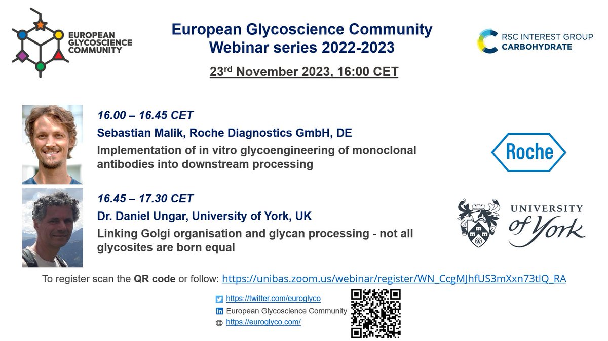 European Glycoscience Community (@euroglyco) on Twitter photo 📢Registration is open for the next EGC webinar!
Join our speakers Sebastian Malik <a href="/RocheDia/">Roche Diagnostics</a> & Daniel Ungar <a href="/DanielUngar3/">Daniel Ungar</a> <a href="/UniOfYork/">University of York</a> on Thurs 23/11 at 4 PM CET! #glycotime
Register here: tinyurl.com/t2cw39wd
<a href="/Glyco_Alps/">Glyco@Alps</a> <a href="/ozglyco/">Australian Glycoscience Society</a> <a href="/glycoworld/">Alexei Demchenko, PhD (he/him)</a> <a href="/glyconet_nce/">GlycoNet</a>
<a href="/acs_carb/">ACS_CARB</a> 📢Registration is open for the next EGC webinar!
Join our speakers Sebastian Malik <a href="/RocheDia/">Roche Diagnostics</a> & Daniel Ungar <a href="/DanielUngar3/">Daniel Ungar</a> <a href="/UniOfYork/">University of York</a> on Thurs 23/11 at 4 PM CET! #glycotime
Register here: tinyurl.com/t2cw39wd
<a href="/Glyco_Alps/">Glyco@Alps</a> <a href="/ozglyco/">Australian Glycoscience Society</a> <a href="/glycoworld/">Alexei Demchenko, PhD (he/him)</a> <a href="/glyconet_nce/">GlycoNet</a>
<a href="/acs_carb/">ACS_CARB</a>