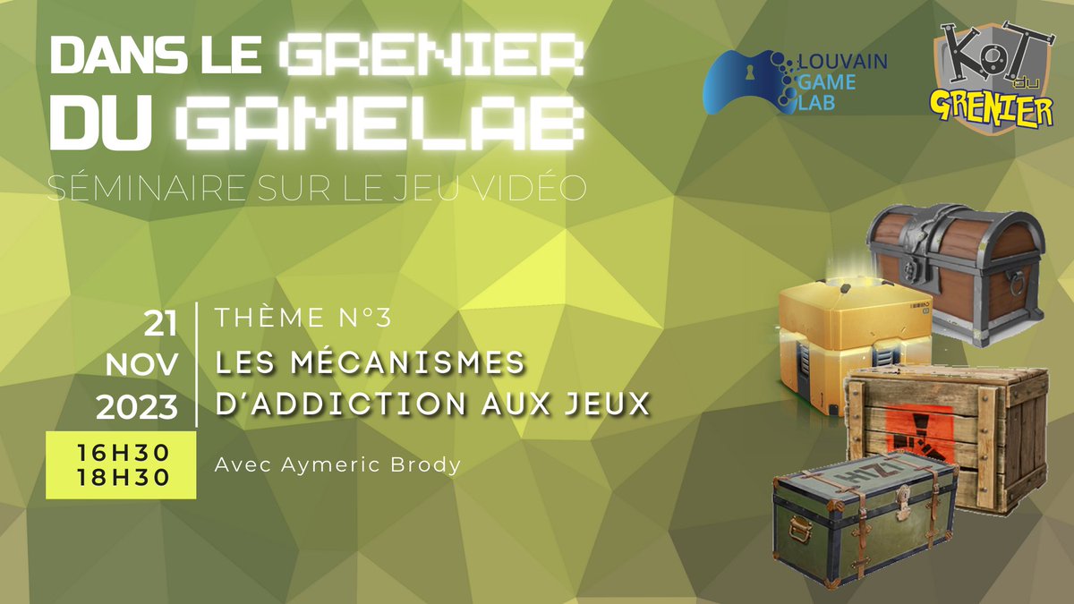 Le prochain séminaire du <a href="/LouvainGameLab/">Louvain Game Lab</a> @UCLouvain_be  sera consacré aux mécanismes d'addiction dans les jeux, avec la participation de Aymeric Brody de LRE Epita. Plus d'infos sur notre site sites.uclouvain.be/louvaingamelab/