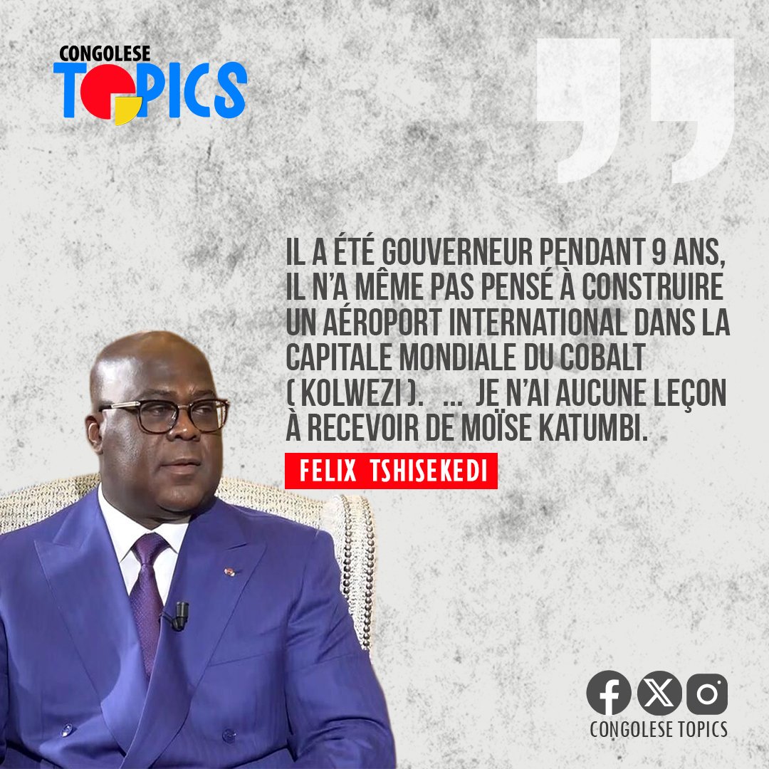 CongoleseTopic's tweet photo. #CITATION | Il a été gouverneur pendant 9 ans, il n'a même pas pensé à construire un aéroport international dans la capitale mondiale du cobalt (Kolwezi). ... Je n'ai aucune leçon à recevoir de Moïse Katumbi.

Félix Tshisekedi https://t.co/ervJYc4lFF