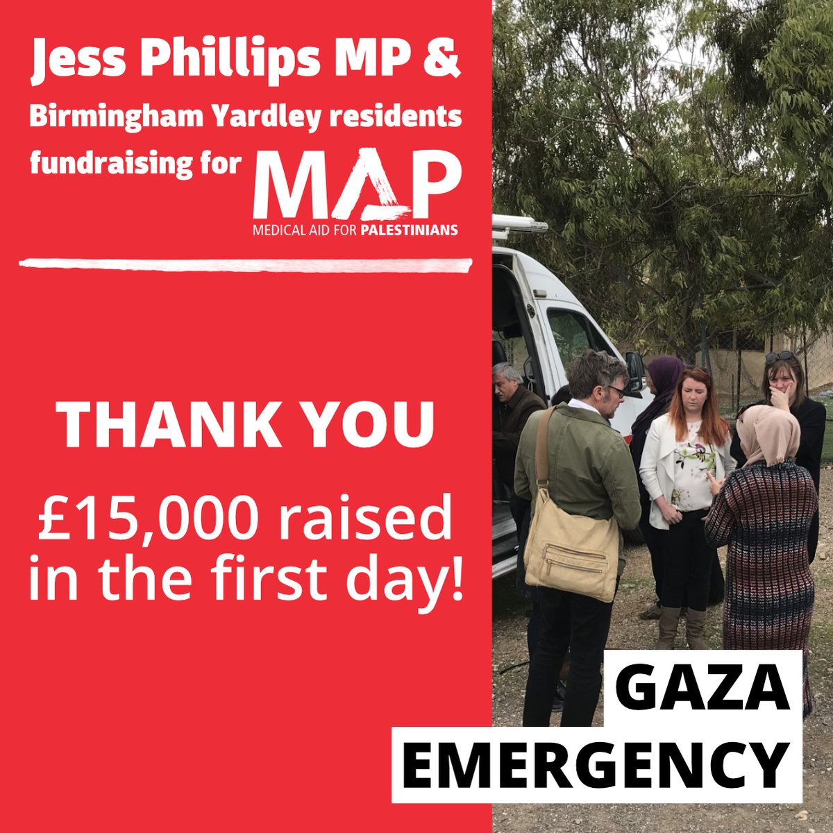 jessphillips's tweet photo. In our first day of fundraising we’ve raised over £15,000 for @MedicalAidPal ! Thank you so much to everyone who has donated so far, if you’d like to support the campaign you can do so here: https://t.co/s9AisGFOaU @crowdfunderuk https://t.co/7M20v1lJIs