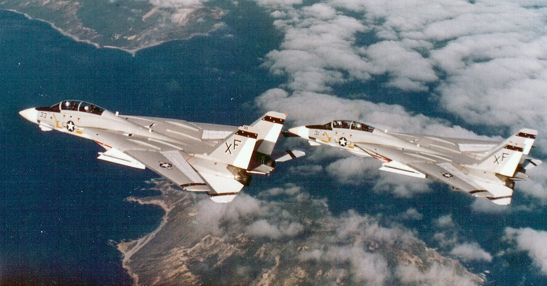 pilotphotog's tweet image. A pair of F-14 Tomcats from VX-4 aka Evaluators 

 #F14Tomcats #VX4 #Evaluators #FighterJets #Aviation #MilitaryAircraft #Navy