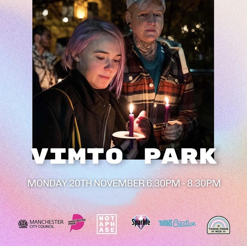 Monday 20 November is Transgender Day of Remembrance, and @SparkleWeekend are holding a candlelit vigil in Vimto Park, Sackville Street. 🕯️ Join us 6:30-8:30pm to honour those who've lost their lives, and stand together against anti-trans violence. #TransgenderDayOfRemembrance