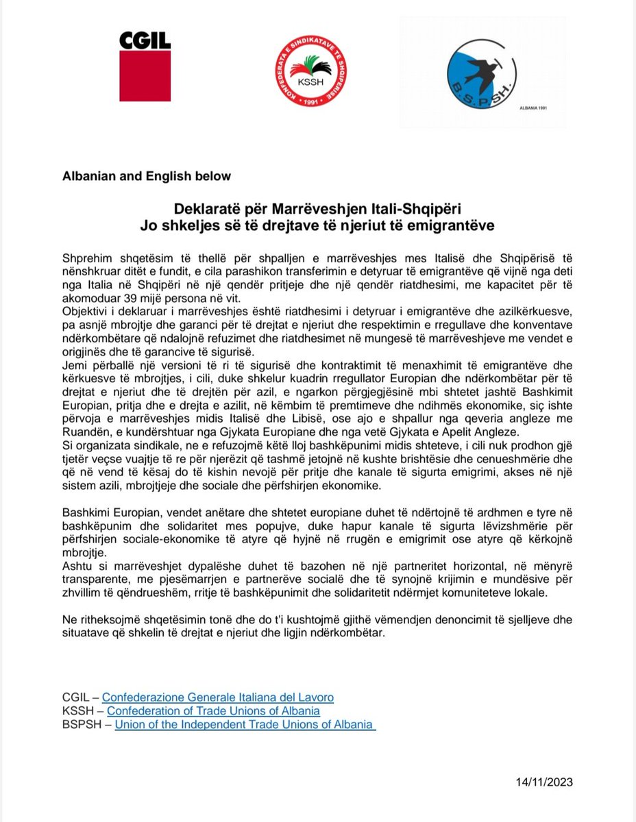 salvamarra's tweet photo. CGIL e i sindacati albanesi #BSPSH e  #KSSH esprimono grande preoccupazione per l’accordo tra Italia ed #Albania:  trasferimento forzato di migranti, rimpatrio forzato, no tutela e garanzia dei diritti umani e no rispetto delle norme e delle convenzioni internazionali. https://t.co/UFejDlbnSy