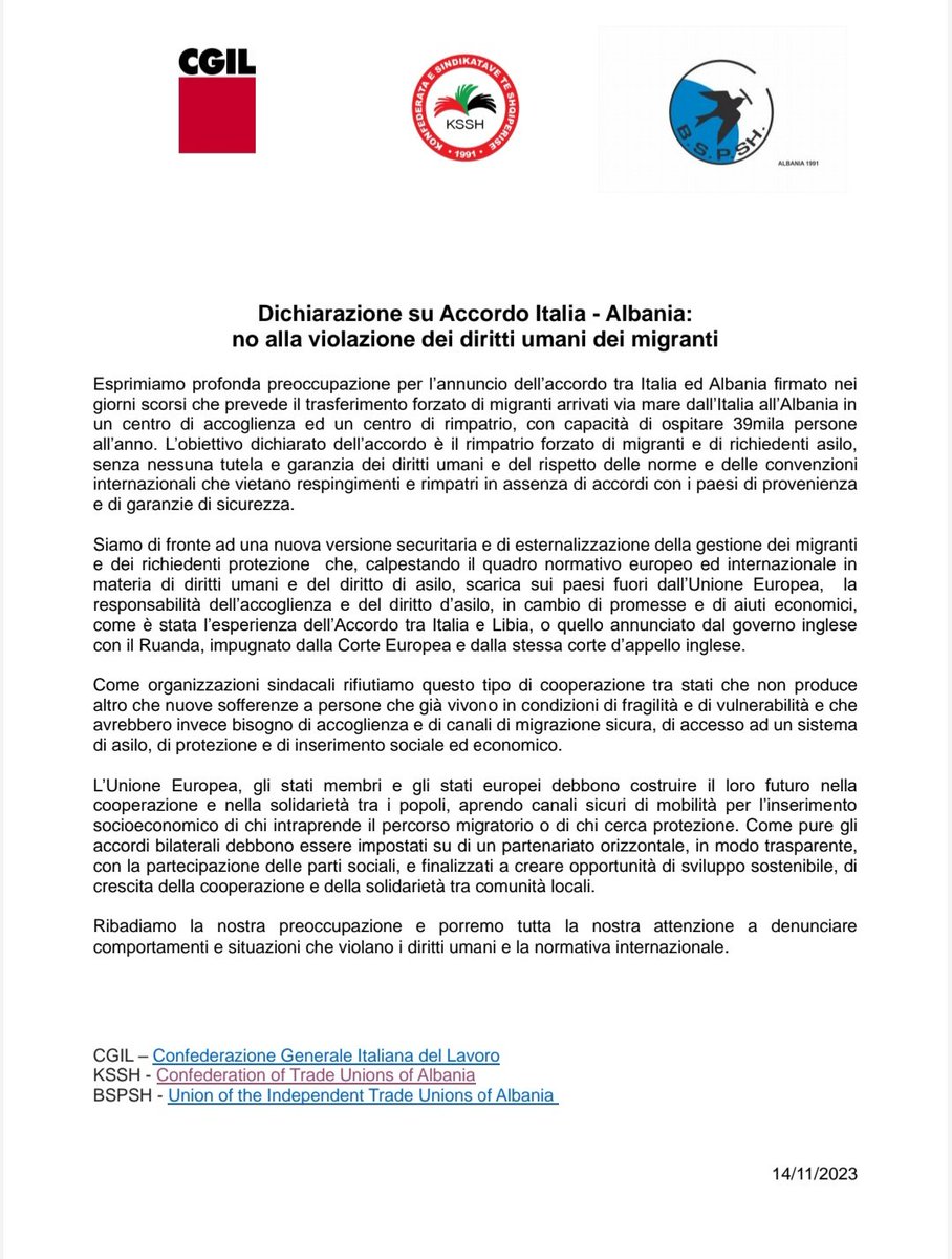 salvamarra's tweet photo. CGIL e i sindacati albanesi #BSPSH e  #KSSH esprimono grande preoccupazione per l’accordo tra Italia ed #Albania:  trasferimento forzato di migranti, rimpatrio forzato, no tutela e garanzia dei diritti umani e no rispetto delle norme e delle convenzioni internazionali. https://t.co/UFejDlbnSy