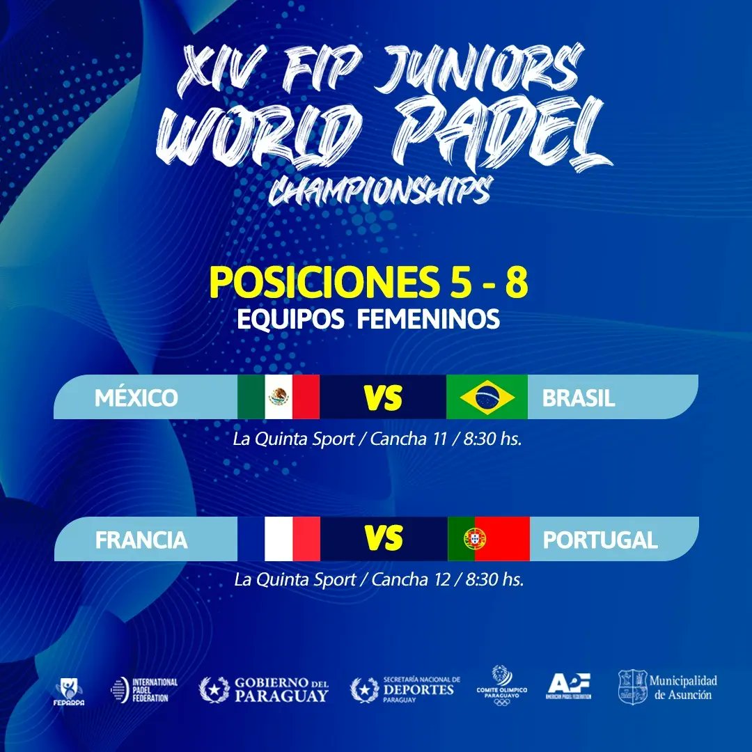 PadelJunior2023's tweet photo. Compartimos la programación de la jornada matutina🙌🏻

Ya tenemos a los 4 mejores equipos del mundo💪🏻😎

Hoy toca conocer a las selecciones finalistas🤩👍🏻

#JWPCAsu2023 #PadelFIP #Pádel https://t.co/giJfLN0uRh