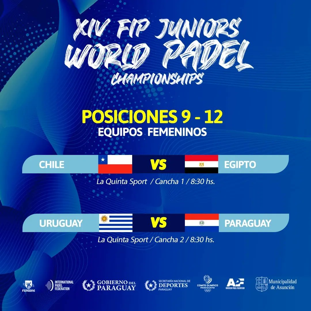 PadelJunior2023's tweet photo. Compartimos la programación de la jornada matutina🙌🏻

Ya tenemos a los 4 mejores equipos del mundo💪🏻😎

Hoy toca conocer a las selecciones finalistas🤩👍🏻

#JWPCAsu2023 #PadelFIP #Pádel https://t.co/giJfLN0uRh