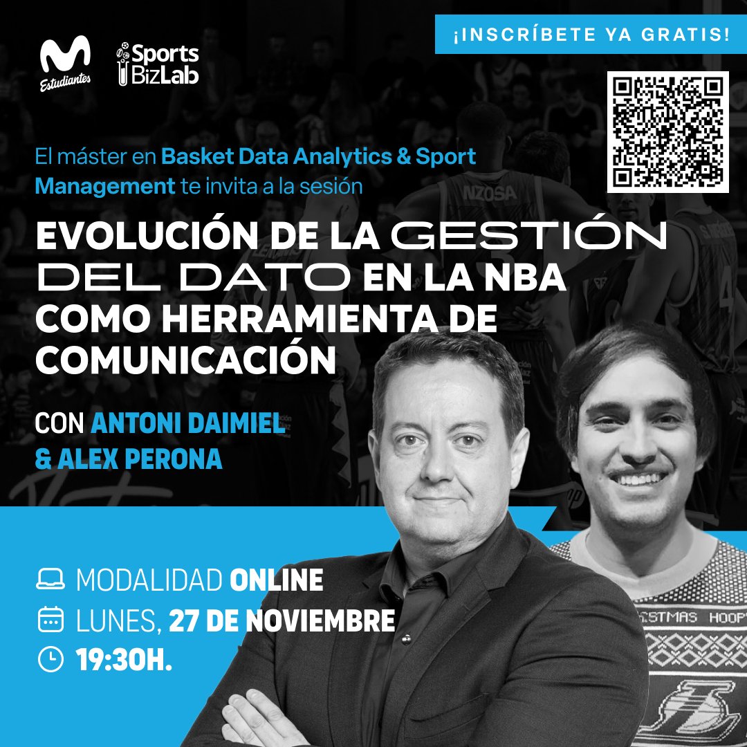 ⚠️WEBINAR CON DAIMIEL 🆓

Queremos invitaros a esta live masterclass en streaming.

meeting.zoho.com/meeting/regist…

Antoni Daimiel, tratará la evolución de la gestión del dato en la NBA como herramienta para comunicar.
¡No te lo pierdas! 
<a href="/MovistarEstu/">Movistar Estudiantes</a> <a href="/SportsBizLab/">SportsBizLab</a>