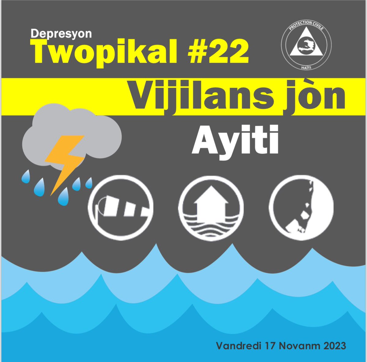 Vandredi 17 novanm 2023.- <a href="/uhmhaiti/">Unité Hydrométéorologique d'Haïti - UHM</a> ansanm ak Direksyon Jeneral <a href="/Pwoteksyonsivil/">Pwoteksyon sivil</a> ki fè pati Sistèm Nasyonal k ap Jere Risk Dezas an Ayiti lanse vijilans🟡 akoz pasaj yon depresyon twopikal sou Lanmè Karayib la depi wikenn sa kòmanse…⤵️

protectioncivile.gouv.ht/vijilans-jon-s…