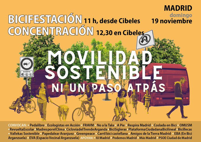 🛞El domingo reivindicaremos que 🛞

 ¡Queremos movernos sin contaminar!  

#MovilidadSostenibleNiUnPasoAtras

🚲 Bicifestación 11:00 
✊ Concentración 12:30

🚲🚲🚲🚲 ¡Nos vemos en Cibeles! 🚲🚲🚲🚲