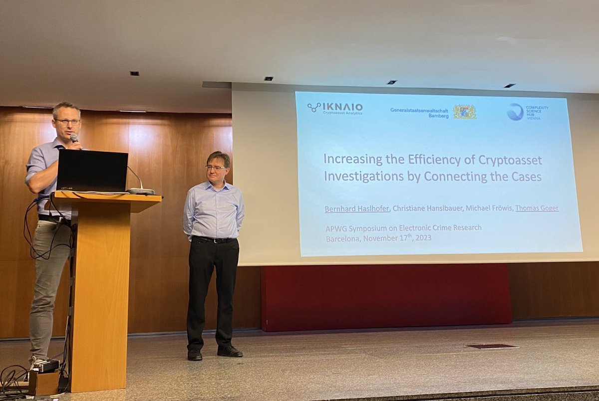 Bernhard Haslhofer (@behas@ieji.de) (@bhaslhofer) on Twitter photo Just presented our recent study on "Increasing the Efficiency of Cryptoasset Investigations by Connecting the Cases" at the <a href="/APWG/">APWG</a> Symposium on Electronic Crime Research. Here is our pre-print: arxiv.org/abs/2311.08205
#cryptoassets #cybercrime #analytics
<a href="/CSHVienna/">Complexity Science Hub</a> <a href="/IknaioG/">Iknaio Cryptoasset Analytics GmbH</a> Just presented our recent study on "Increasing the Efficiency of Cryptoasset Investigations by Connecting the Cases" at the <a href="/APWG/">APWG</a> Symposium on Electronic Crime Research. Here is our pre-print: arxiv.org/abs/2311.08205
#cryptoassets #cybercrime #analytics
<a href="/CSHVienna/">Complexity Science Hub</a> <a href="/IknaioG/">Iknaio Cryptoasset Analytics GmbH</a>