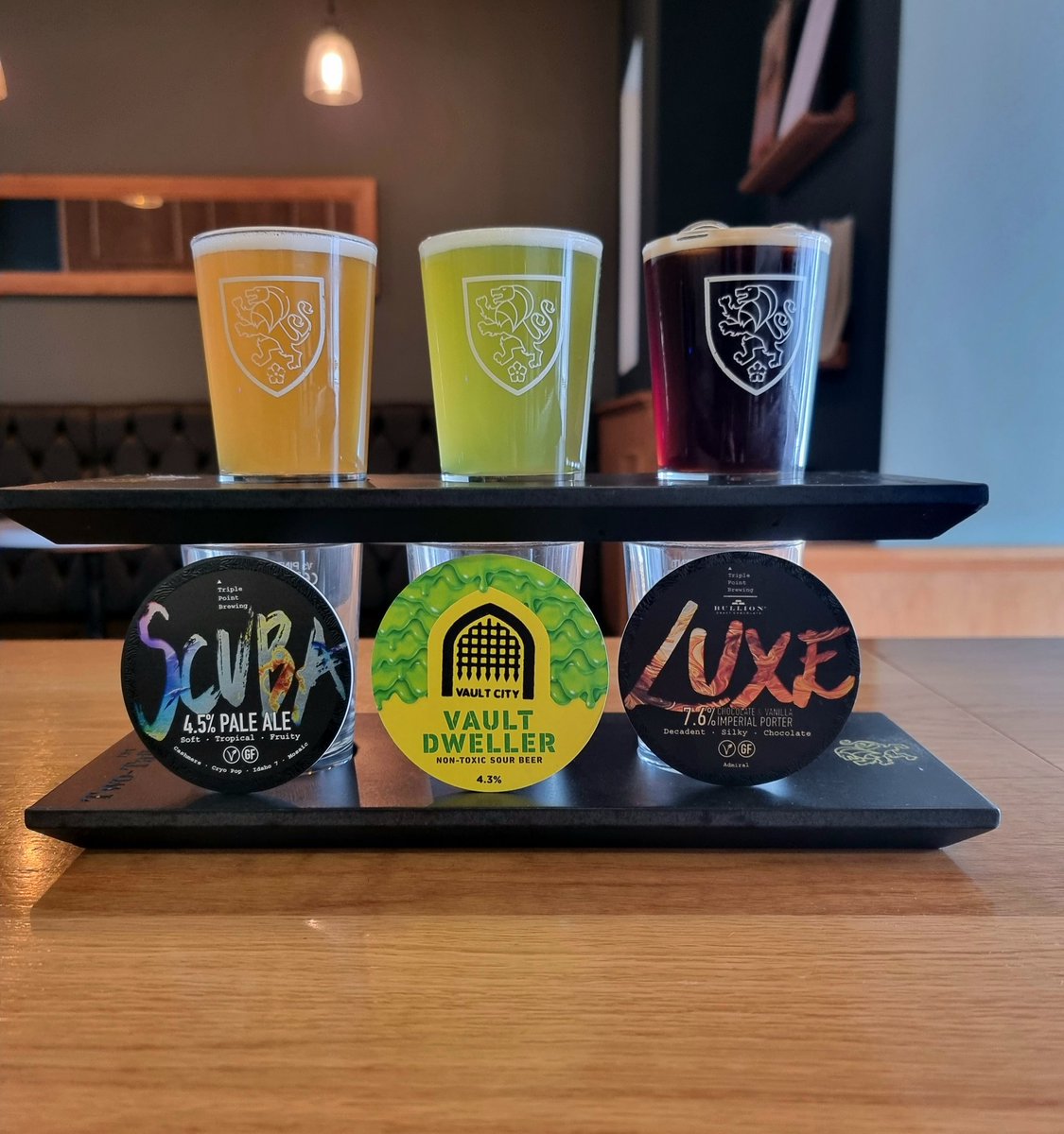 Hazy, smooth and fruity? Sweetly sour like the inside of a Refreshers Chew? Delectable, silky chocolate? We've got them all. Now pouring: Triple Point - Scuba: 4.5% American Pale Ale Vault City - Vault Dweller: 4.3% Fruited Sour Triple Point - Luxe: 7.6% Imperial Porter.