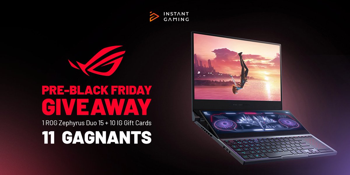 🎁Concours Pré Black Friday   

A GAGNER :
- Un PC Gaming d'une valeur de 3000€ - Le Rog Zephyrus Duo 15 💻
- 10 Cartes Cadeaux de 50€ 💰

11 Gagnants 🍀

👉 RT ce tweet
👉Tague un ami  
✅Clique pour participer : bit.ly/3SLJ2HD