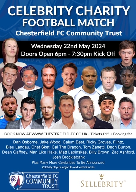 ChesterfieldFC's tweet photo. 👀 𝗡𝗘𝗪𝗦: 𝗖𝗲𝗹𝗲𝗯𝗿𝗶𝘁𝘆 𝗖𝗵𝗮𝗿𝗶𝘁𝘆 𝗠𝗮𝘁𝗰𝗵 𝘁𝗼 𝘁𝗮𝗸𝗲 𝗽𝗹𝗮𝗰𝗲 𝗮𝘁 𝘁𝗵𝗲 𝗦𝗠𝗛 𝗚𝗿𝗼𝘂𝗽 𝗦𝘁𝗮𝗱𝗶𝘂𝗺!

The @Sellebrity_UK team will be heading to the SMH Group Stadium next year!

More details can be found here 👇

https://t.co/be8V7mcak6

#Spireites https://t.co/CWWq5x1KHX