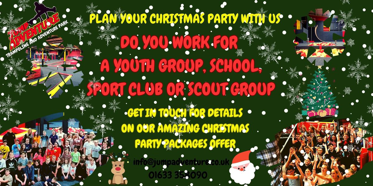 📢📢 CALLING ALL YOUTH GROUPS AND SCHOOLS📢📢
We have some amazing Christmas packages on offer for Christmas party with us🎁

Call now on 01633 358090 to book your trip today!☎️
jumpadventure.co.uk📲
info@jumpadventure.co.uk💻