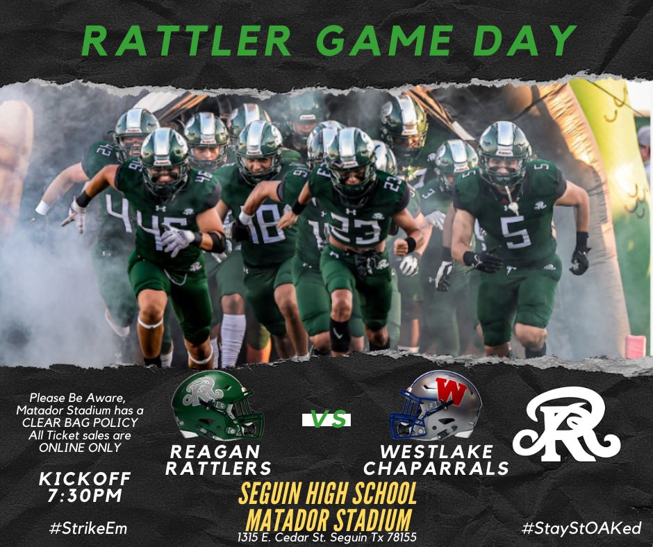 WAKE UP RATTLER NATION, IT’S GAME DAY!!! Today we play a very talented, well coached Westlake team from Austin. We will need EVERY SINGLE Rattler supporter for this one as we continue toward our goal! So, Come Early, Stay Late, Wear Green, and #StrikeEm! #StayStOAKed 🐍 🏈