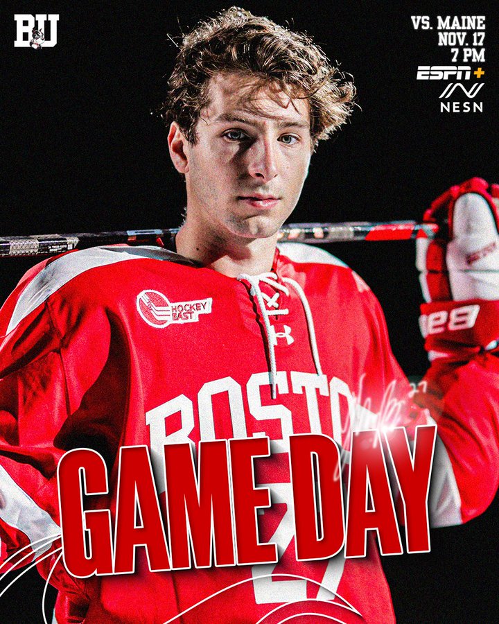 Game day graphic featuring posed photo of Jack Hughes. BU vs. Maine, Nov. 17, 7 PM on ESPN+ and NESN.