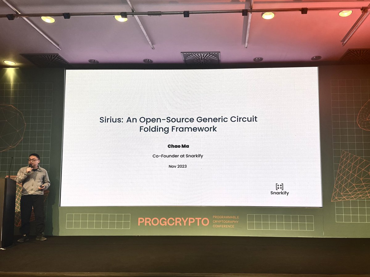 Snarkify_ZKP's tweet image. Happening now, our cofounder @chaosma000 revealing the Sirius open-source folding scheme at #ProgCrypto hosted by @0xPARC and @PrivacyScaling at @EFDevconnect