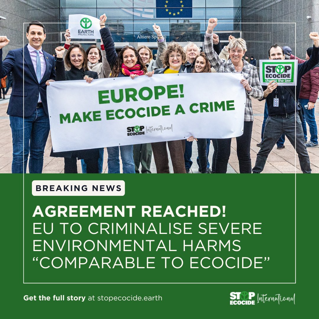🎉INCREDIBLE NEWS!🎉 #EU agrees on new offence aimed at preventing + punishing “cases comparable to #ecocide”. Huge win for the global #EcocideLaw movement. Next - the @IntlCrimCourt !! Read the full article here: stopecocide.earth/breaking-news-… #StopEcocide @marietouss1 @wemoveEU