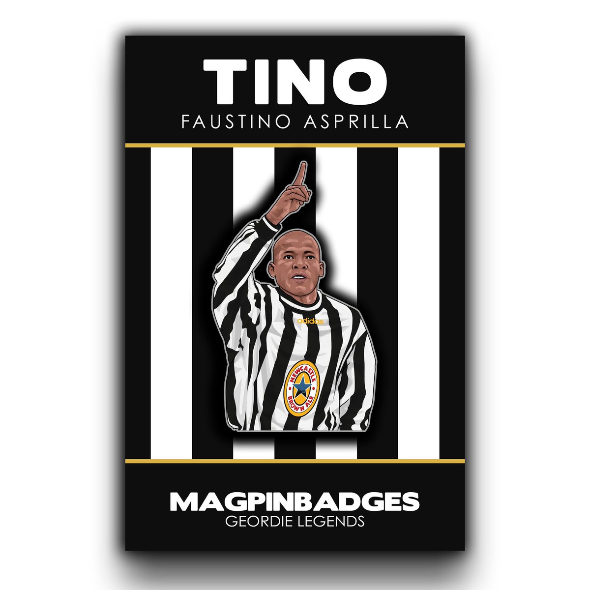 It’s been a while…

New ‘Geordie Legend’ pin badge on sale tonight @ 6pm!

TINO ASPRILLA 🇨🇴

For your chance to win one of these badges, simply;

- Retweet this tweet 🔁
- Follow <a href="/Magpin1/">Magpin</a> ✅

Winner announced shortly before 6pm. Good luck! #NUFC