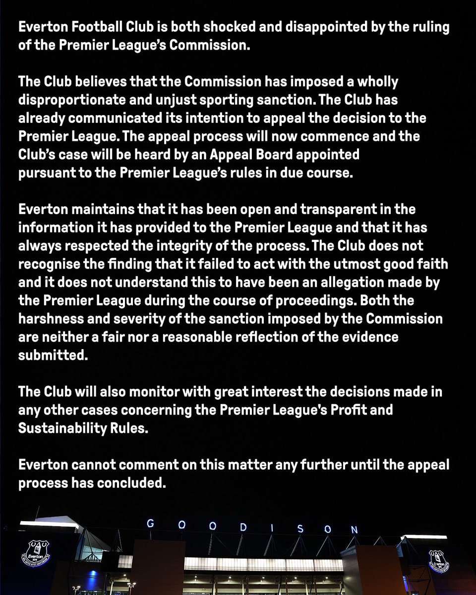 FabrizioRomano's tweet photo. 🚨🔵 Official: Everton docked 10 points for breach of Premier League profit and sustainability rules.

Club statement and official reply ⤵️ https://t.co/28B1uvrmW3