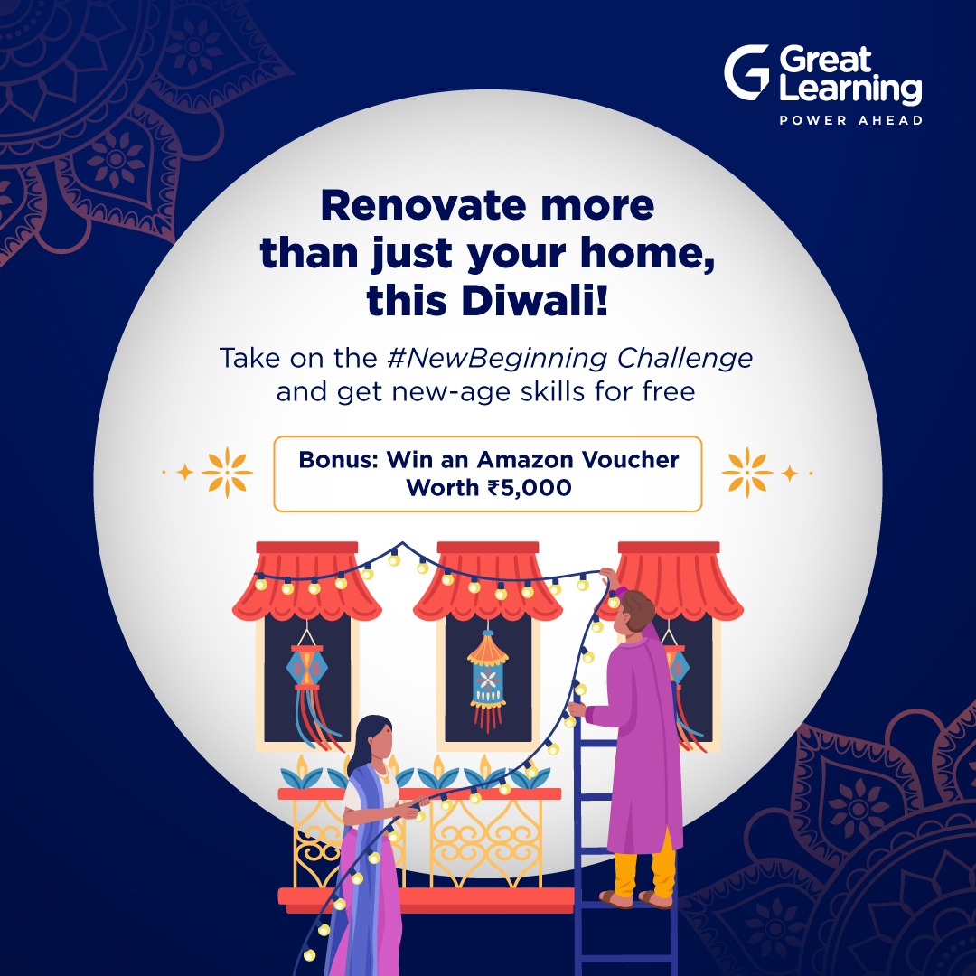 Great_Learning's tweet photo. Give your skillset a brand-new look! Take part in the #NewBeginning Challenge and stand a chance to win an Amazon Voucher worth ₹5,000!

Click here to get started with the challenge : https://t.co/eHl9eK0kEO

#GreatLearning #NewBeginning #Diwali #Update #Skills #Challenge https://t.co/GgEp4ZyeSt