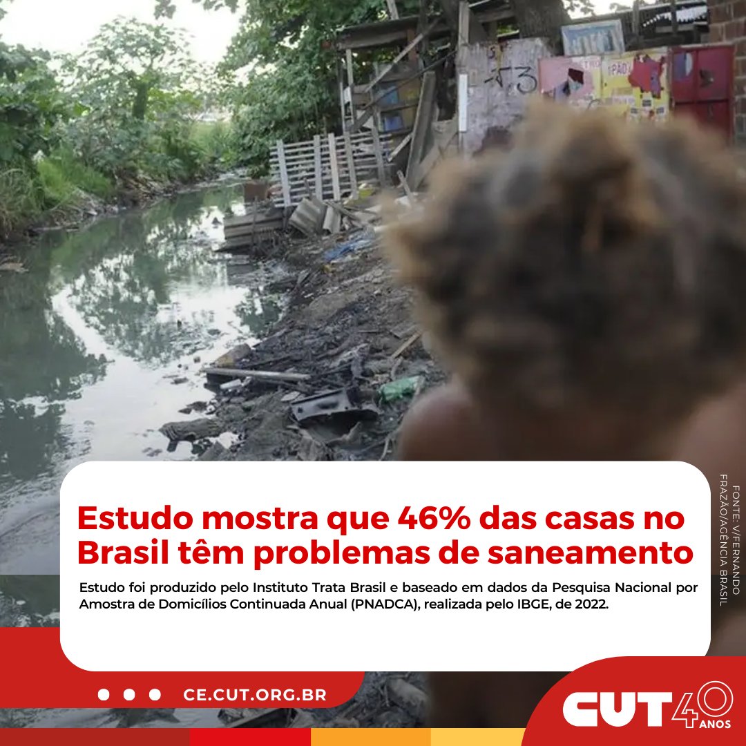 cutceara's tweet photo. Pesquisa divulgada nesta quinta-feira (16) mostra que 46,2% das moradias brasileiras têm algum tipo de privação no saneamento.
.
📷 Saiba mais no Portal CUT: https://t.co/Ia3ESoYL14 https://t.co/AciQaA5pdq