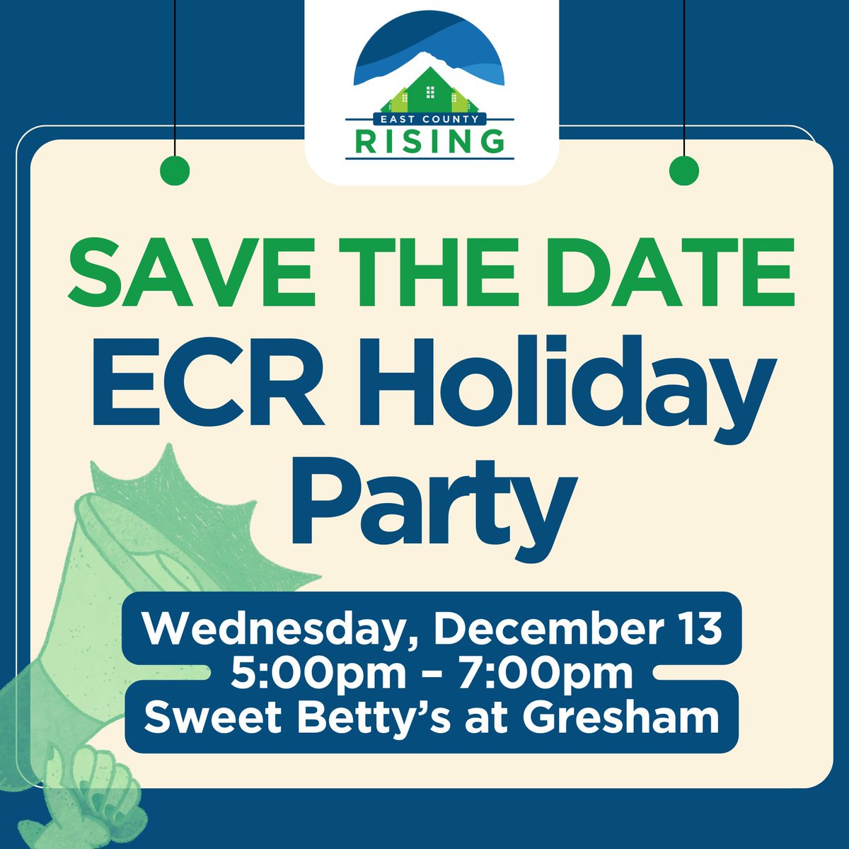 Eastcorising's tweet photo. (3) Save the date for our ECR Holiday Party on Wednesday, December 13th, 5:00-7:00 PM at Sweet Betty's in Gresham. Let's continue the celebration!  #ECR2023 #FutureHopes #ThankYou https://t.co/fqlLauMu6N
