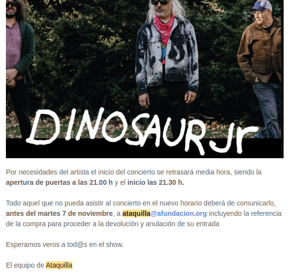 sevendays's tweet photo. @EloyTP @TColonCoruna @Cultura_Coruna @Depucoruna @masgalicia @feverprod @Ataquilla_com @EneidaFever @dinosaurjr Por cierto, hace unas semanas, comunicaron que el horario se retrasa media hora (acceso, actuación)... https://t.co/xkSTdlSk3D