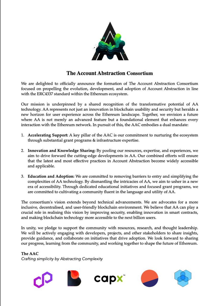 We present you, 
The AAC - The Account Abstraction Consortium. 

Founded by -
<a href="/0xPolygon/">Polygon | POL</a> 
<a href="/biconomy/">Biconomy</a> 
<a href="/CapxFi/">Capx</a> 
<a href="/DuneAnalytics/">This account is idel</a> 
<a href="/SixdegreeLab/">Sixdegree Lab 🦇🔊</a> 

learn more - aaconsortium.io