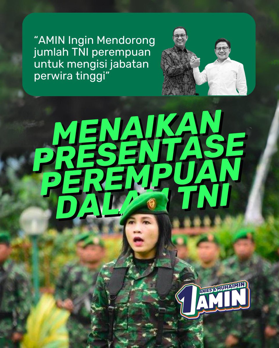 Kita tuh jarang banget ga sih denger perwira tinggi itu jabatannya diisi sama perempuan, AMIN Mas <a href="/aniesbaswedan/">Anies Rasyid Baswedan</a> dan Gus <a href="/cakimiNOW/">A Muhaimin Iskandar</a> ingin mendorong keterlibatan perempuan untuk mengisi jabatan itu! 

Gimana caranya? Ya pertama menaikkan presentase perempuan dalam TNI! Sudah bukan