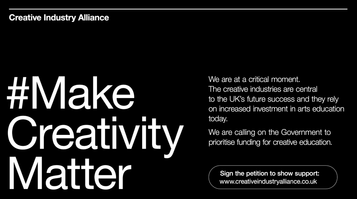 FreelancersMake's tweet photo. "The creative industries are central to the UK’s future success, and they rely on investment in arts education today. We urge you act."

Open letter to The Chancellor Jeremey Hunt, from The Creative Industry Alliance.

https://t.co/U09ZNfPTD8

#MakeCreativityMatter https://t.co/d9MPCSAaLk