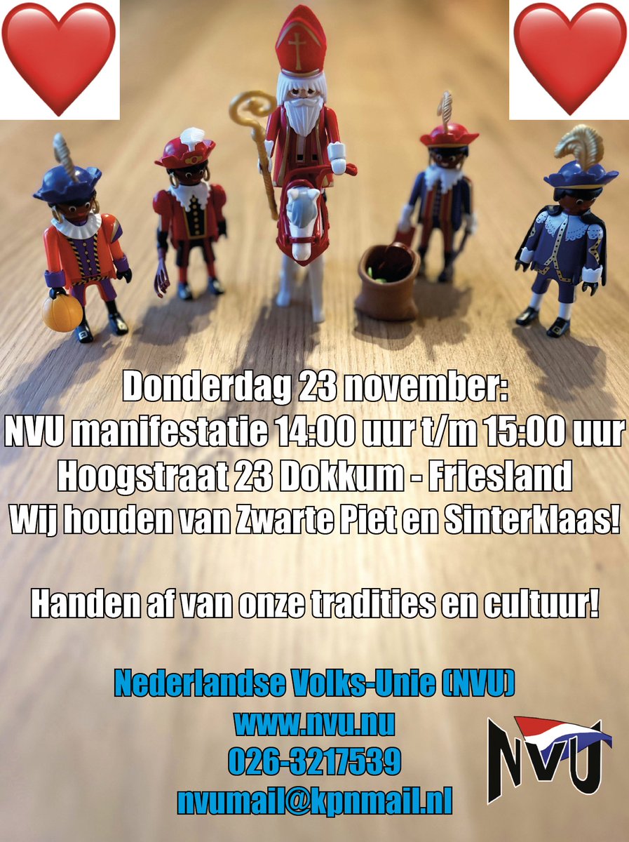 NVU83622759's tweet photo. NVU manifestatie: Donderdag 23 november Dokkum Friesland van 14:00 uur t/m 15:00 uur Hoogstraat 23 (bij de kerk)! https://t.co/s7yPaO4Zb1 #ZwartePiet #NVU #KUSTERS #antiwoke https://t.co/Bt2Hepdwdh