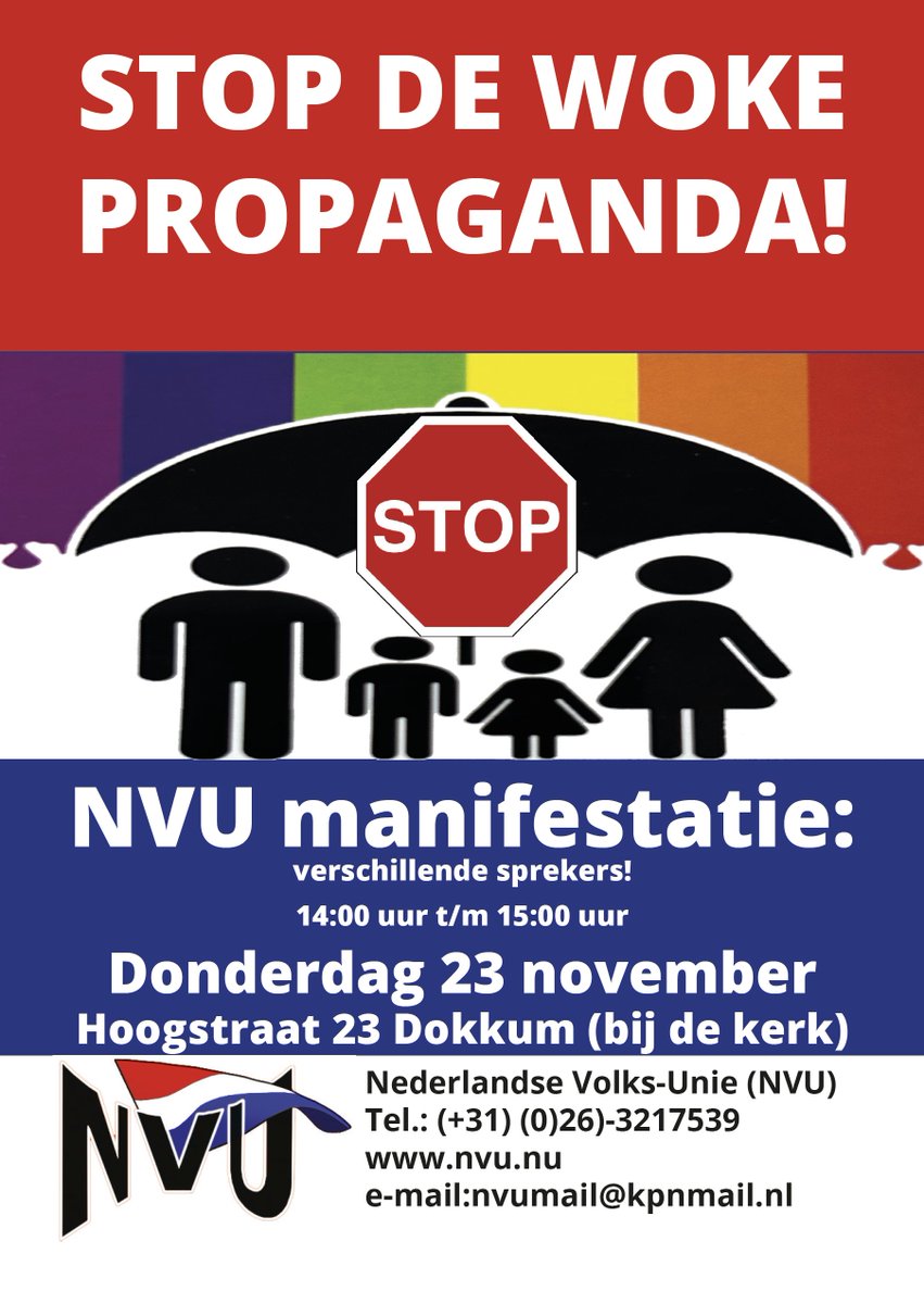 NVU83622759's tweet photo. NVU manifestatie: Donderdag 23 november Dokkum Friesland van 14:00 uur t/m 15:00 uur Hoogstraat 23 (bij de kerk)! https://t.co/s7yPaO4Zb1 #ZwartePiet #NVU #KUSTERS #antiwoke https://t.co/Bt2Hepdwdh