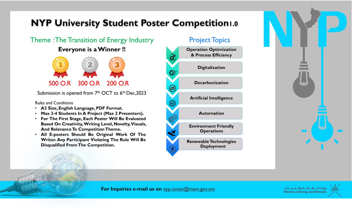nyp_oman's tweet photo. NYP University Student Poster Competition submission deadline at OPES24, is now extended to December 6,  2023.

Submit your poster in the following link: https:// https://t.co/E9ZRBVONnJ

Everyone is a Winner, Don't miss your chance!

@OPESOman @memgovom https://t.co/JqZgZIz4W0