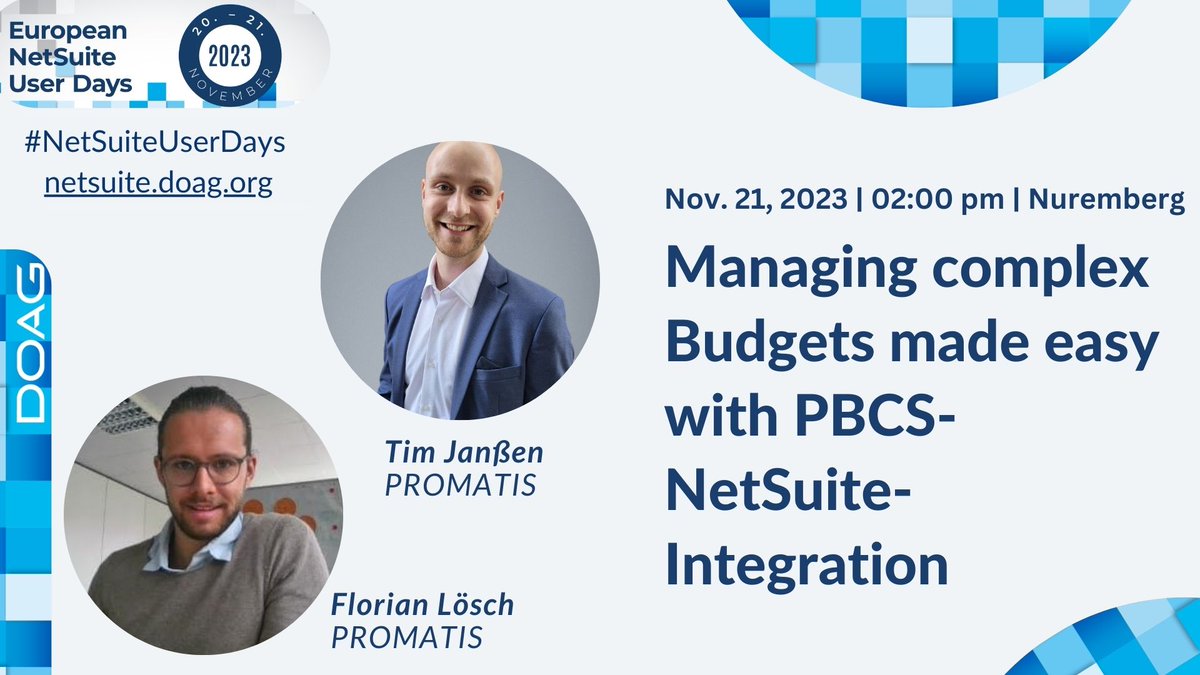 On Monday, the European NetSuite User Days will kick off in Nuremberg. Our 4th presentation will give you an insight into the challenges and pitfalls of implementing and connecting PBCS to NetSuite. Take notes now: 11/21/2023 | 02:00 - 2:45 PM. shorturl.at/moIOT #NetSuite