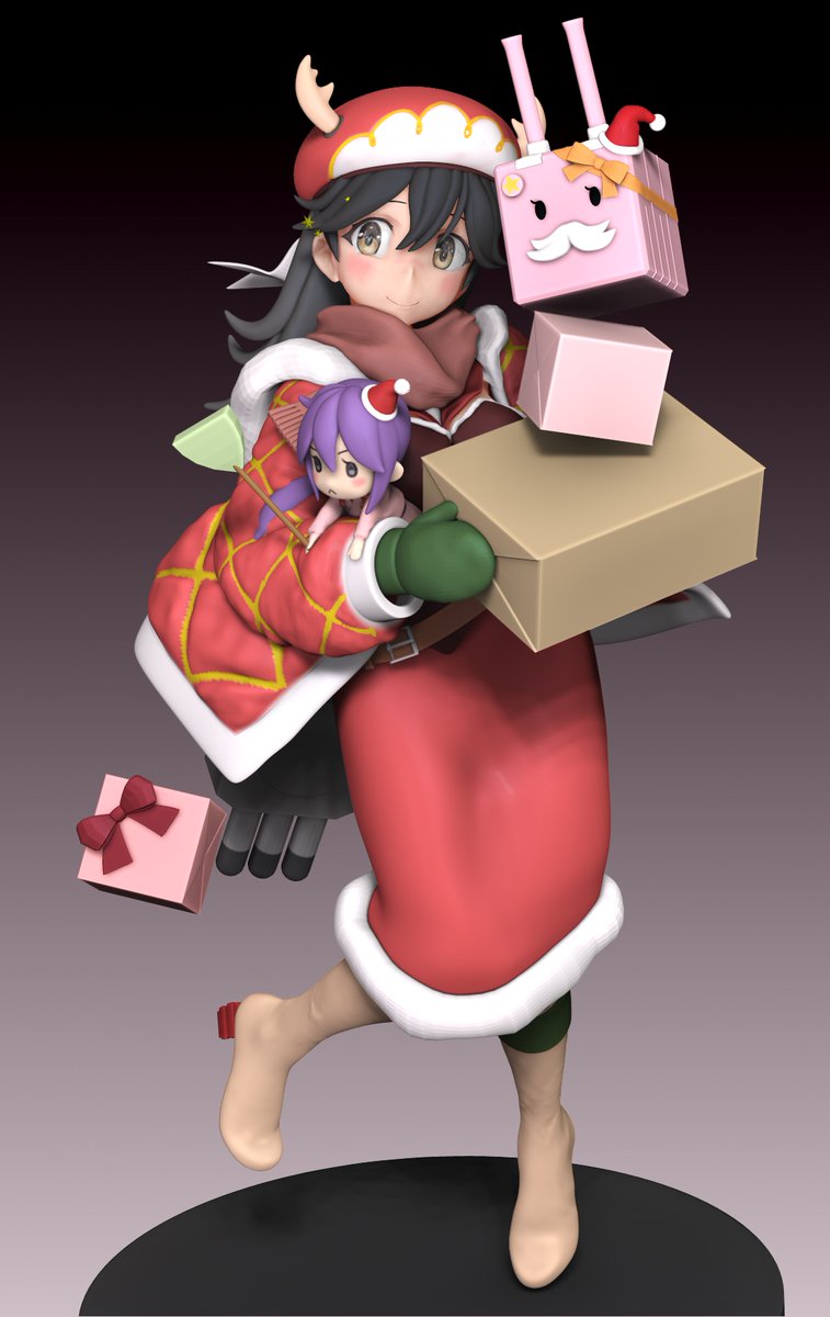 akebono (kancolle) ,ushio (kancolle) 1girl box black hair long hair boots hat santa costume  illustration images