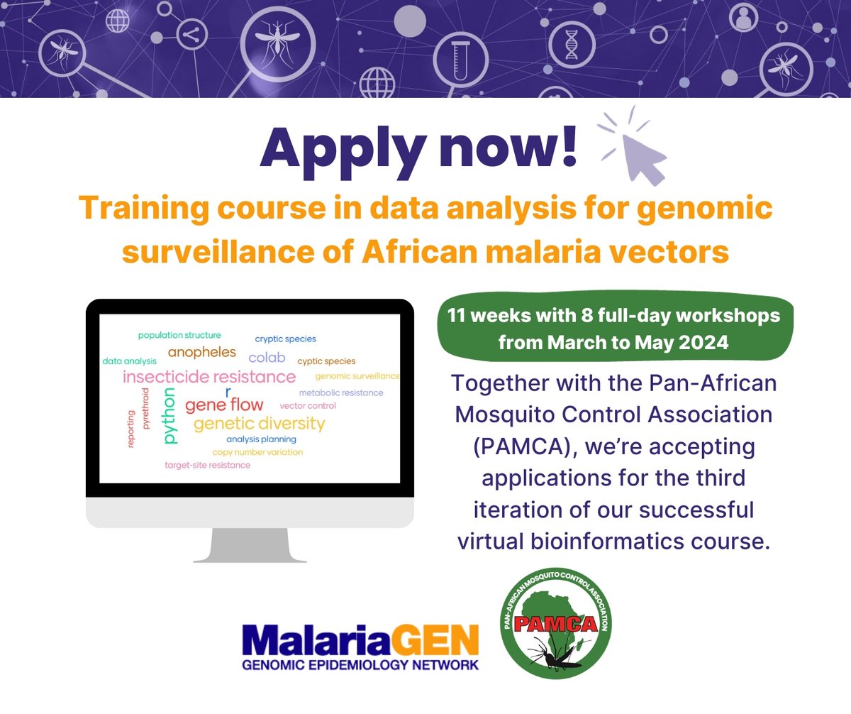 📢 Call for applicants 📢 We're back with the 3rd edition of our popular (and free!) online training course in data analysis for genomic surveillance of African malaria vectors 📊 Offered in both English and French 💬 Apply by 12 January 2024 ⏳ malariagen.net/news-events/ne…