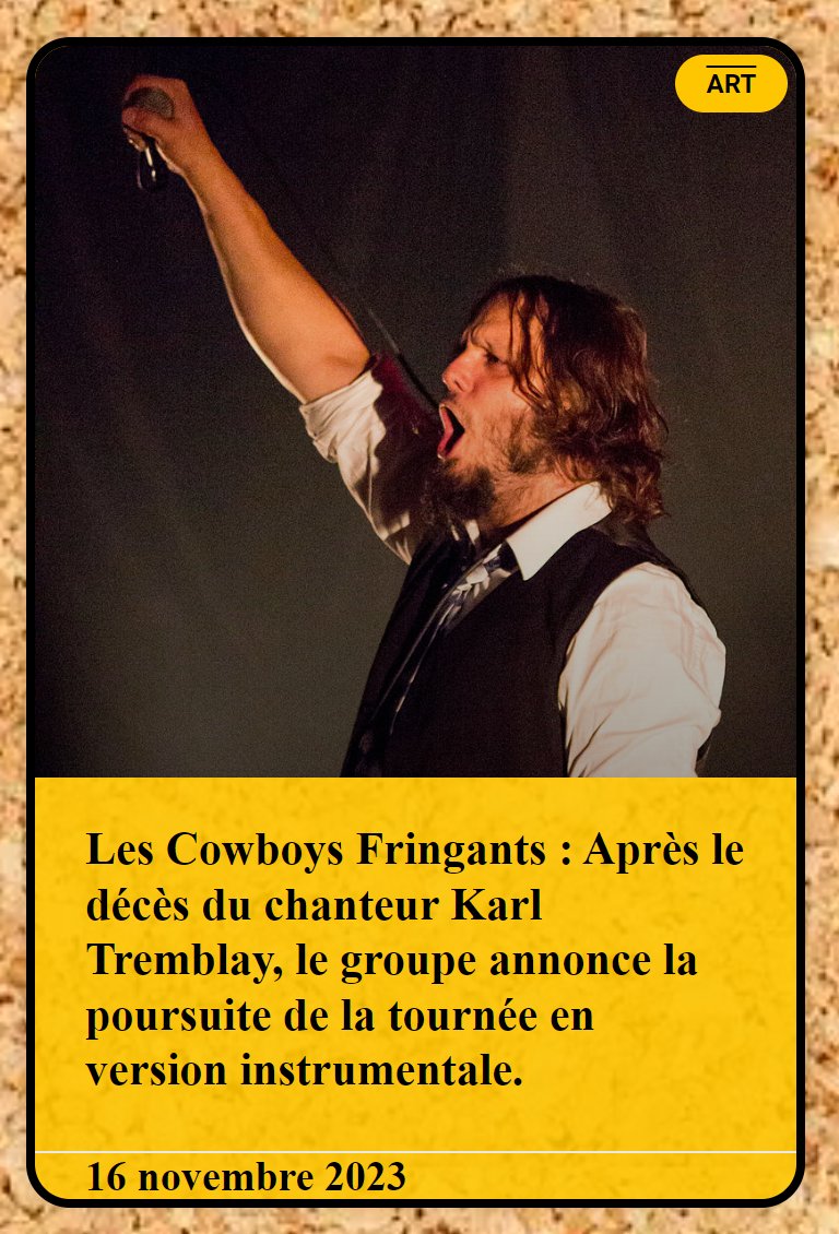 Les #CowboysFringants : Après le décès du chanteur #KarlTremblay, le groupe annonce la poursuite de la tournée en version instrumentale.

L'article sur bit.ly/3BpAdZO

#quebec #canada #enberne #lescowboysfringants #musique #art #Eurovision2023 #tremblay #vendredilecture