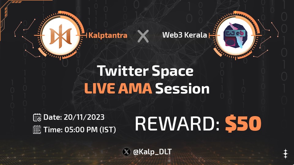 We are partnering with @Kalp_DLT to host a Twitter Space with <a href="/realrajshubham/">Shubham Raj</a> 

📅20th Nov 
⏳5:00 PM (IST)

Best questions will get rewards from a Prize Pool of $50

To be eligible: 
✅Follow @Kalp_DLT &amp; <a href="/Web3_kerala/">Web3 Kerala</a> 
🩷Like &amp; RT this post
👇Drop your questions in the comment