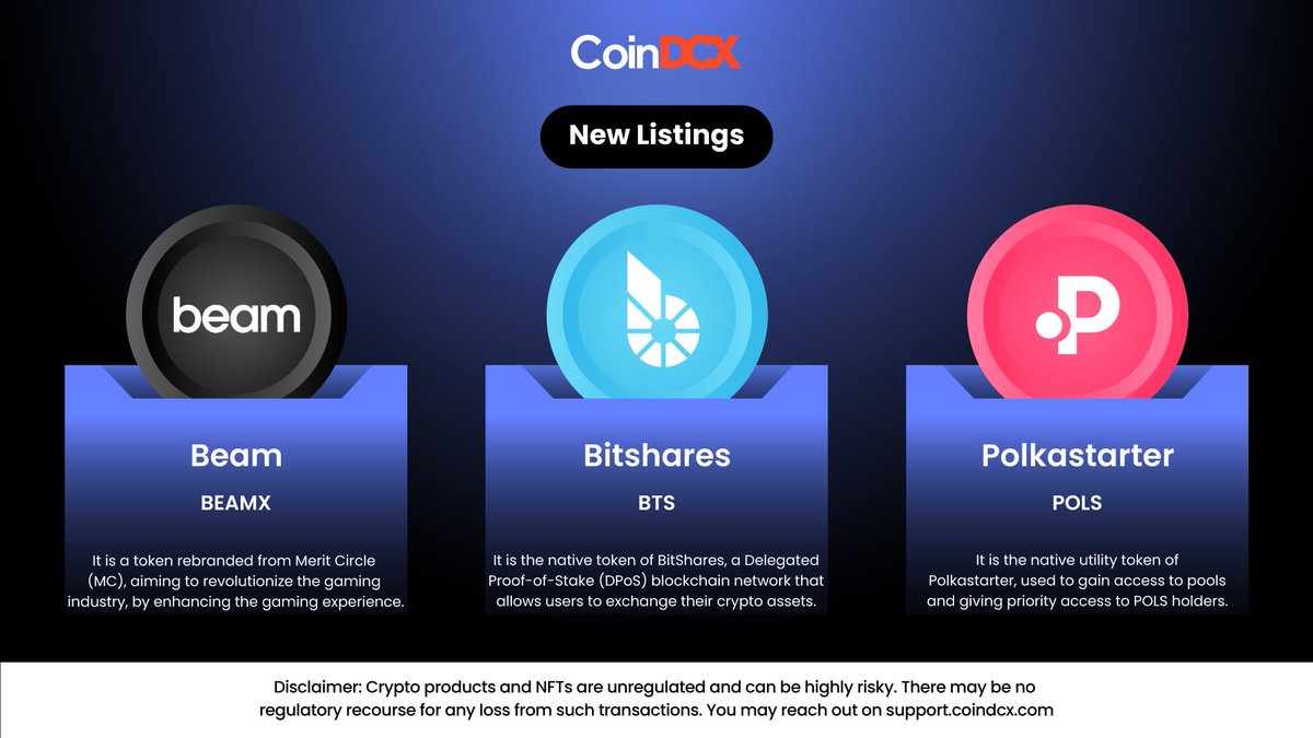 Enhance your trading journey with three new listings on CoinDCX 🎉 DYOR and  trade now! $BEAMX: @BuildOnBeam @MeritCircle_IO $BTS: @BitSharesGroup $POLS:  @polkastarter #CoinDCXListing #BEAMX #BTS #POLS