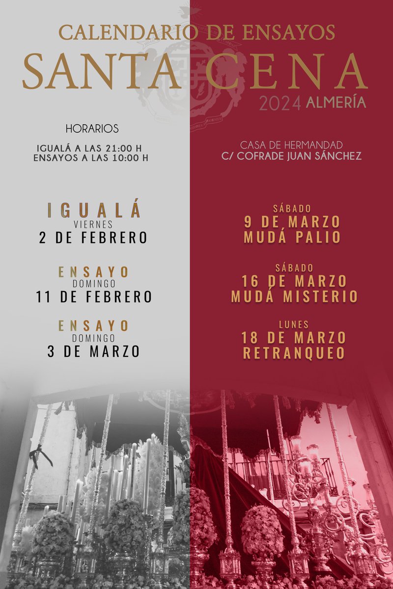 HdadCenaAlmeria's tweet photo. 🔨 CALENDARIO DE ENSAYOS DE COSTALEROS DE CARA AL DOMINGO DE RAMOS DE 2024 🔨

Igualá general, el próximo viernes, 2 de febrero, a las 21.00 horas.

https://t.co/n1mGyDef4R https://t.co/7xkjpmWYVo
