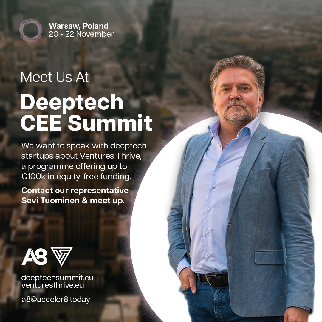 Meet us in Warsaw 🇵🇱 next week to learn all about Ventures Thrive!

Seize this opportunity to speak with team member Sevi Tuominen and explore how this programme can propel your startup's growth journey 🚀

Get in touch with us and we'll be thrilled to schedule a meeting ✨