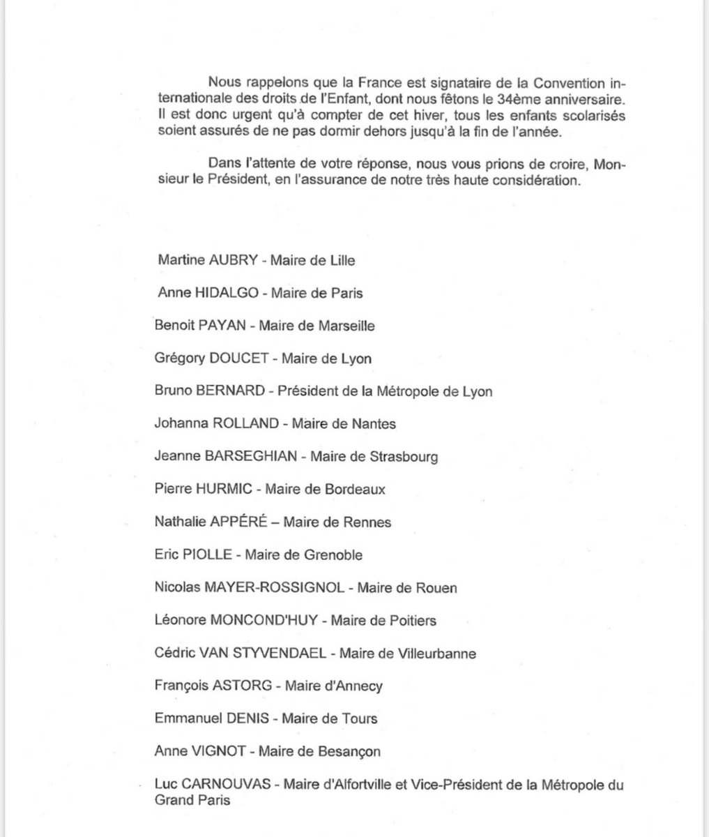 Face au drame en pleine explosion des enfants sans-abri &amp;à qqls jours de la journée internationale des droits de l’enfant, je demande, avc d’autres élus de grandes villes &amp;de métropoles,à <a href="/EmmanuelMacron/">Emmanuel Macron</a> d’apporter des solutions pérennes et + dignes pour l’hébergement d’urgence⬇️